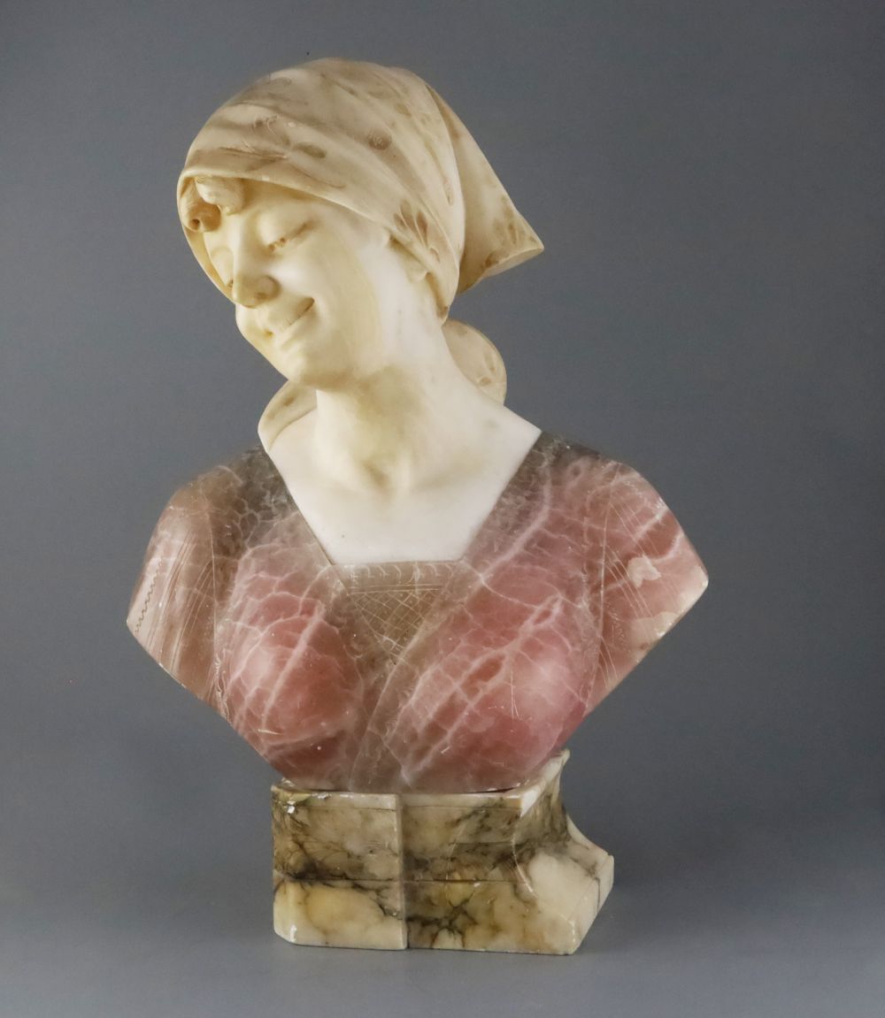 G. Pineschi (Italian c.1900). A carved alabaster and rose quartz bust of an Italian woman,